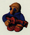 Drawing of puppet in a blue sweater holding a guitar 